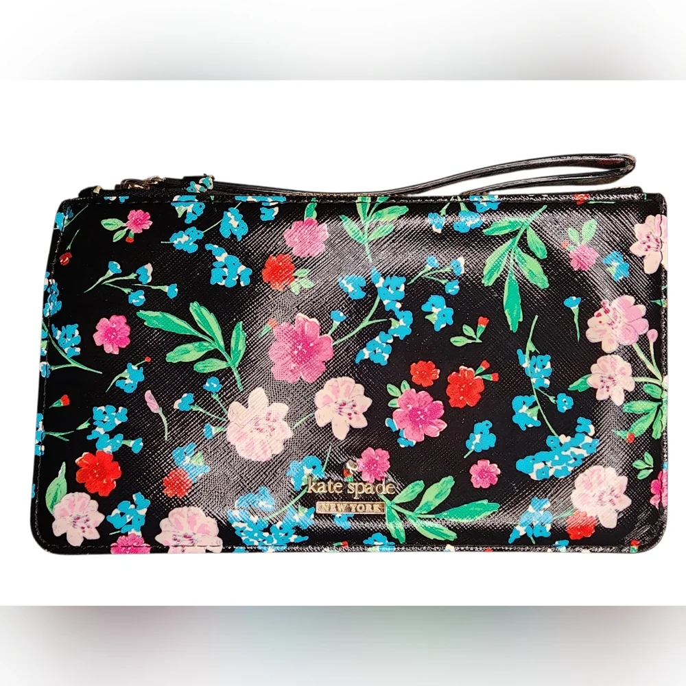 KATE SPADE Black Floral Print Zip Around Wallet Wristlet